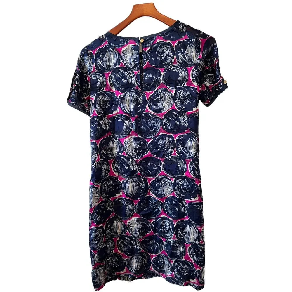 Tory Burch Mod 60s Silk Jacquard Print Shift Dress Blue Magenta 0
